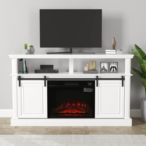 LGHM Fireplace Entertainment Center, White TV Stand for 65 inch with 23'' Electric Fireplace, Highboy Farmhouse Cabinet Sliding Barn Door, Tall Console Living Room, Modern White/Fireplace (502753)