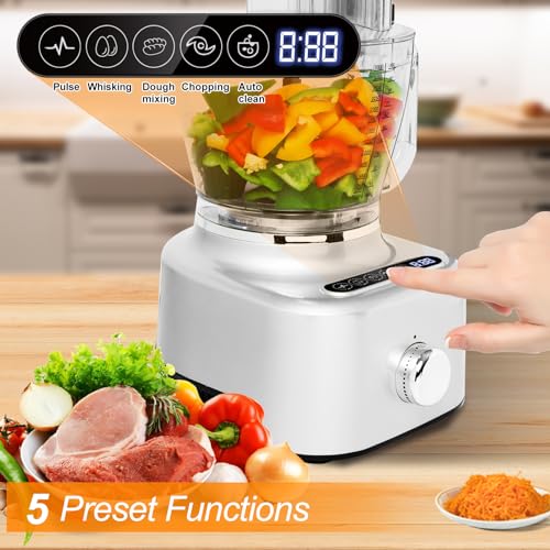Homtone 16 Cup Food Processor, Aluminum-Diecast Blender and Food Processor Combo, 5 Preset Modes Vegetable Chopper Electric, 8 Blades 11 Functions for Home Use, Stepless Speed Control, 650W, Sliver