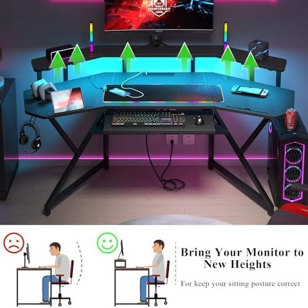 HJZBNONE 72" Gaming Desk with Power Outlet &amp; Led Strip  Large Wing-Shaped Computer Desk w Monitor Stand &amp; Keyboard Tray &amp; RGB Mouse Pad  Studio Desk w   Headphone Hook Cup
