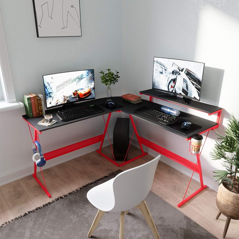 Bestier 55 inch L-Shaped RGB Gaming Computer Desk,Led Strip Light Modern Corner PC Laptop Desk Study Table Workstation Home Office Desk with Large Elevated Ergonomic Shelf Carbon Black