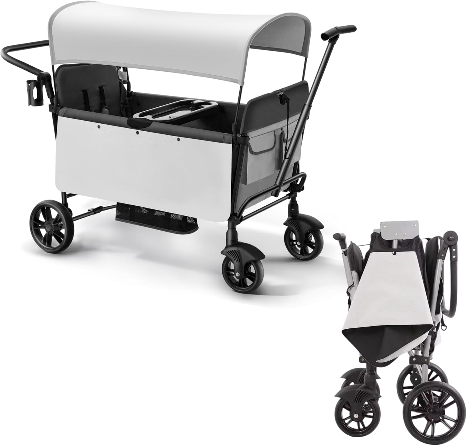 Foldable Stroller Wagon for 2 Kids, Wagon Stroller with Adjustable Handle-Bar, Push Pull Collapsible Stroller with Removable UV-Protection Canopy 5-Point Harness Shock-Absorbing Wheels, Grey