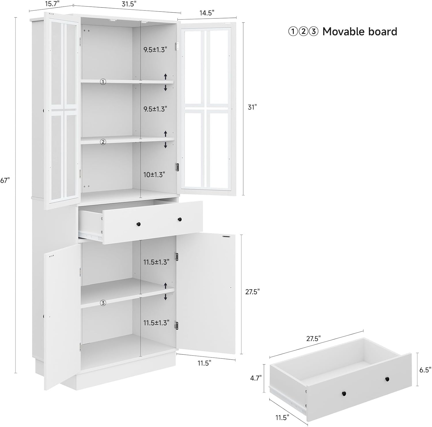 Kitchen Pantry Storage Cabinet, Tall Pantry Cabinet with Glass Doors and Large Drawer, Freestanding Pantry Cupboard with 3 Adjustable Shelves for Kitchen, Dining Room, Living Room, White