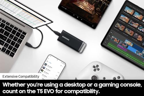 SAMSUNG T5 EVO Portable SSD 2TB, USB 3.2 Gen 1 External Solid State Drive, Seq. Read Speeds Up to 460MB/s for Gaming and Content Creation, MU-PH2T0S/AM, Black