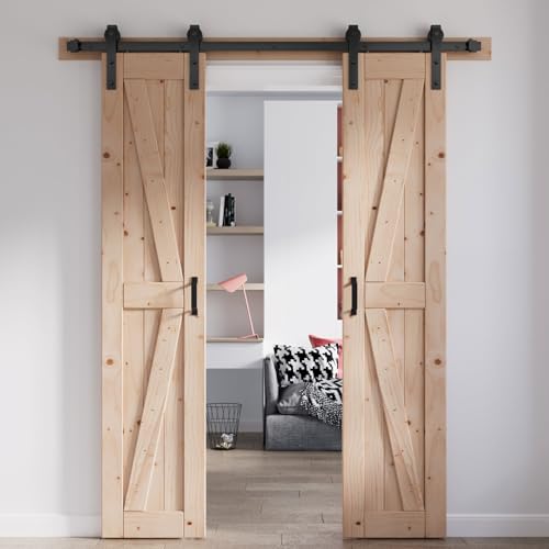 FREDBECK 48in x 80in Sliding Wood Barn Door with 8FT Barn Door Hardware Kit Included K Shape Solid Spruce Panel Sliding Door Double Surfaces Need to Assembly