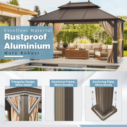 MELLCOM 12'x16' Hardtop Gazebo, Galvanized Steel Metal Double Roof Canopy with Curtains and Netting, Brown Permanent Pavilion Gazebos with Aluminum Frame for Garden, Patio, Lawns, Deck
