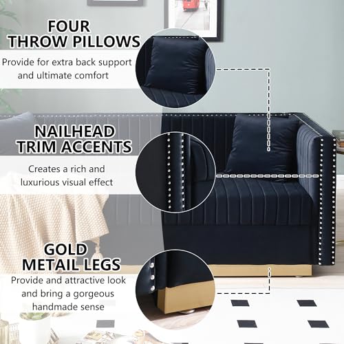 78" Velvet Couch, Modern Channel Tufted Sofa Couch with 2 Pillows, 3 Seater Upholstered Couches with Gold Metal Legs and Nailhead for Living Room, Apartment and Office (Black)