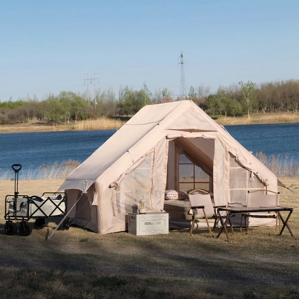Inflatable Camping Tent with Electric Pump, Glamping Tent, Waterproof Windproof Oxford Tent, Outdoor Blow Up Tent, Easy Setup, Four Season Luxury Cabin Tent with Mesh Windows & Doors