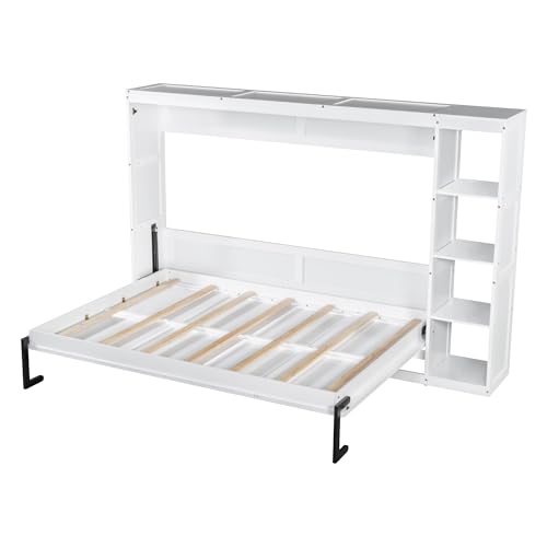 Wooden Murphy Cabinet Bed Frame with Charging Station, Full-Size Foldable Wall Bed with Large Storage Drawer for Home Apartment Limited Living Places, Space-Saving Hidden Bed No Box Spring Needed