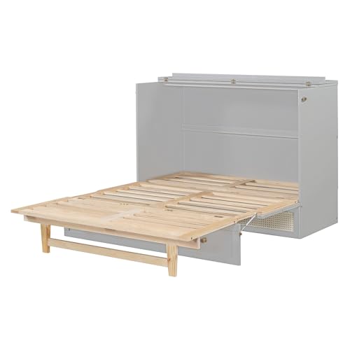 Queen Size Murphy Bed, Murphy Cabinet Bed with Large Drawer, Can Be Foldable, Space Saving, Wooden Low Bedframe for Bedroom, Apartment (White, Queen)
