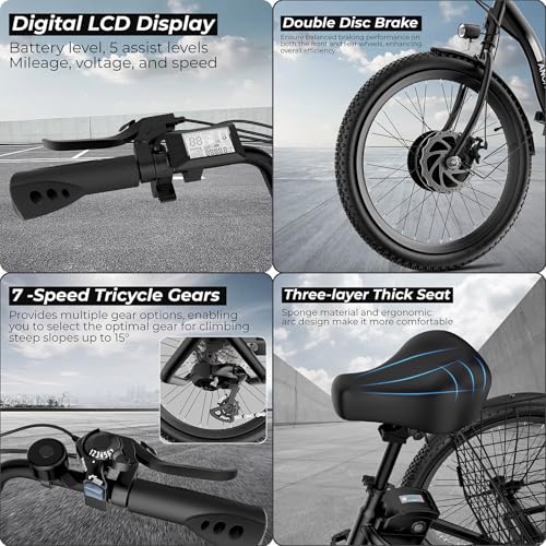 ANCHEER Electric Tricycle for Adults, 350W(Peak 550W) Etrike, 48V/499Wh Ebike, 24" Folding 3 Wheel Electric Trike, 15.5MPH & 55Miles Electric Bike, Rear Differential, Rear Basket