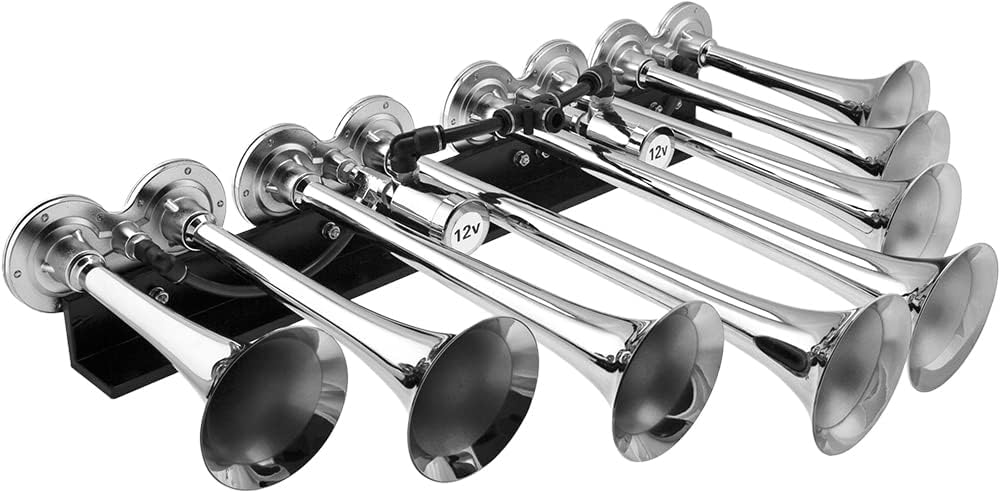 Vixen Horns Octopod Train Horn Kit for Trucks/Car/Semi.Complete Onboard System-Dual 200psi Air Compressor,5 Gallon Tank,8 Trumpets.Super Loud dB.Fits Vehicles Like Pickup/Jeep/RV 12v VXO8350DP/8124XC