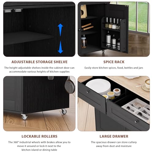 Kitchen Island on Wheels with Storage and Power Outlet, Kitchen Island with Trash Can Storage Cabinet and Drop Leaf, with Spice Rack & Towel Rack, Rolling Island Cart for Kitchens (Black)