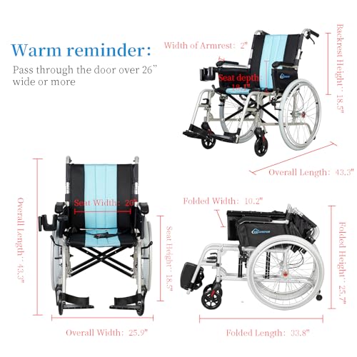 13lbs Ultra Lightweight Wheelchair, 20" Wide Seat Wheelchair for Adults, Foldable Portable Magnesium Self-propelled Wheelchair with Travel Bag 2-in-1 Holder Silver