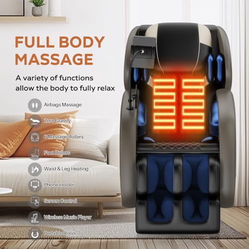 Massage Chair Full Body, Zero Gravity Massage Chair with Auto Modes, Airbag Massage, 6 Fix Point Rollers, Foot Massage, Heating, Touch Screen Controller, Gray Home Relaxation Recliner with Massage
