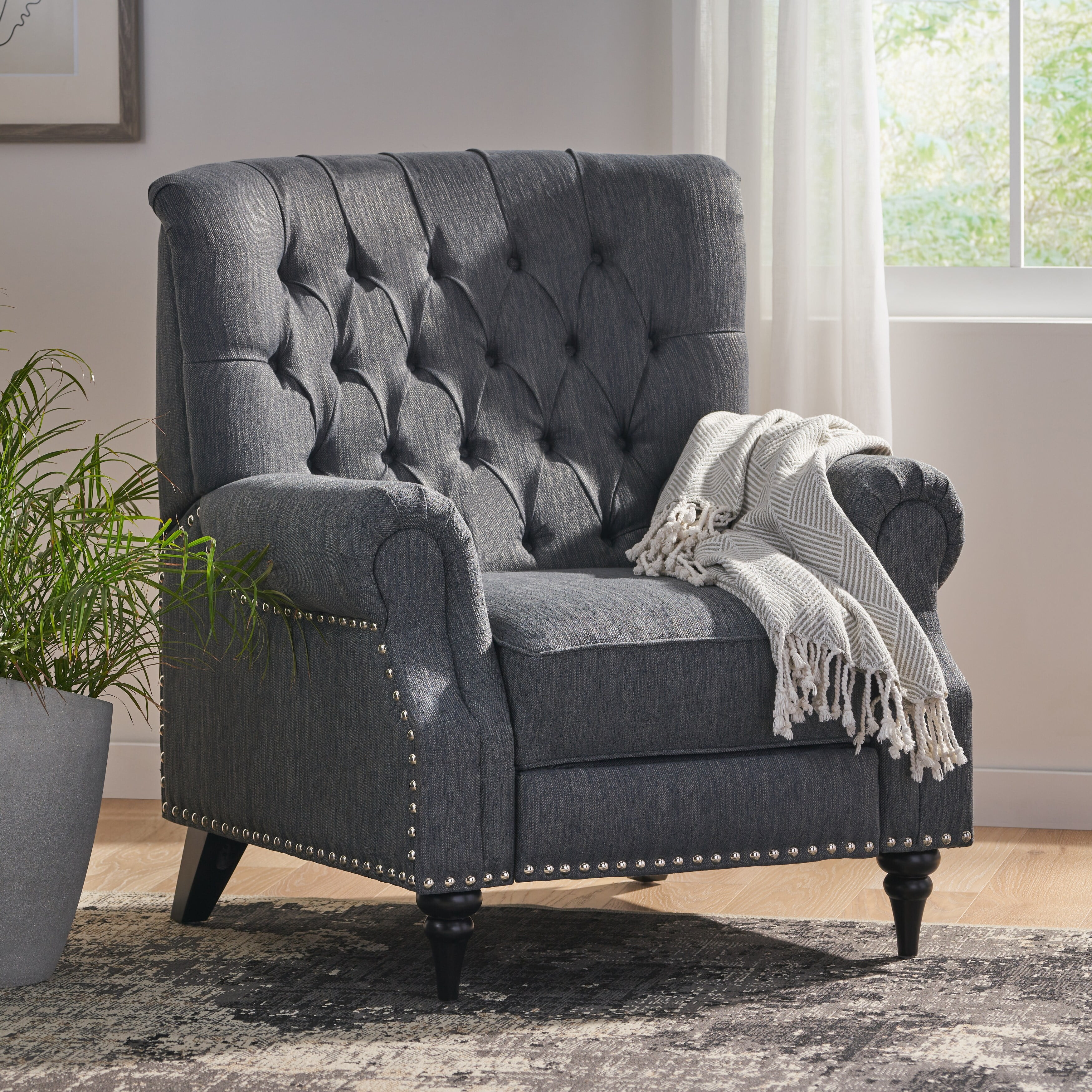 Christopher Knight Home Sunapee  Fabric and Rubberwood Recliner with Nailhead Trim by  Navy Blue/ Espresso/ Fabric