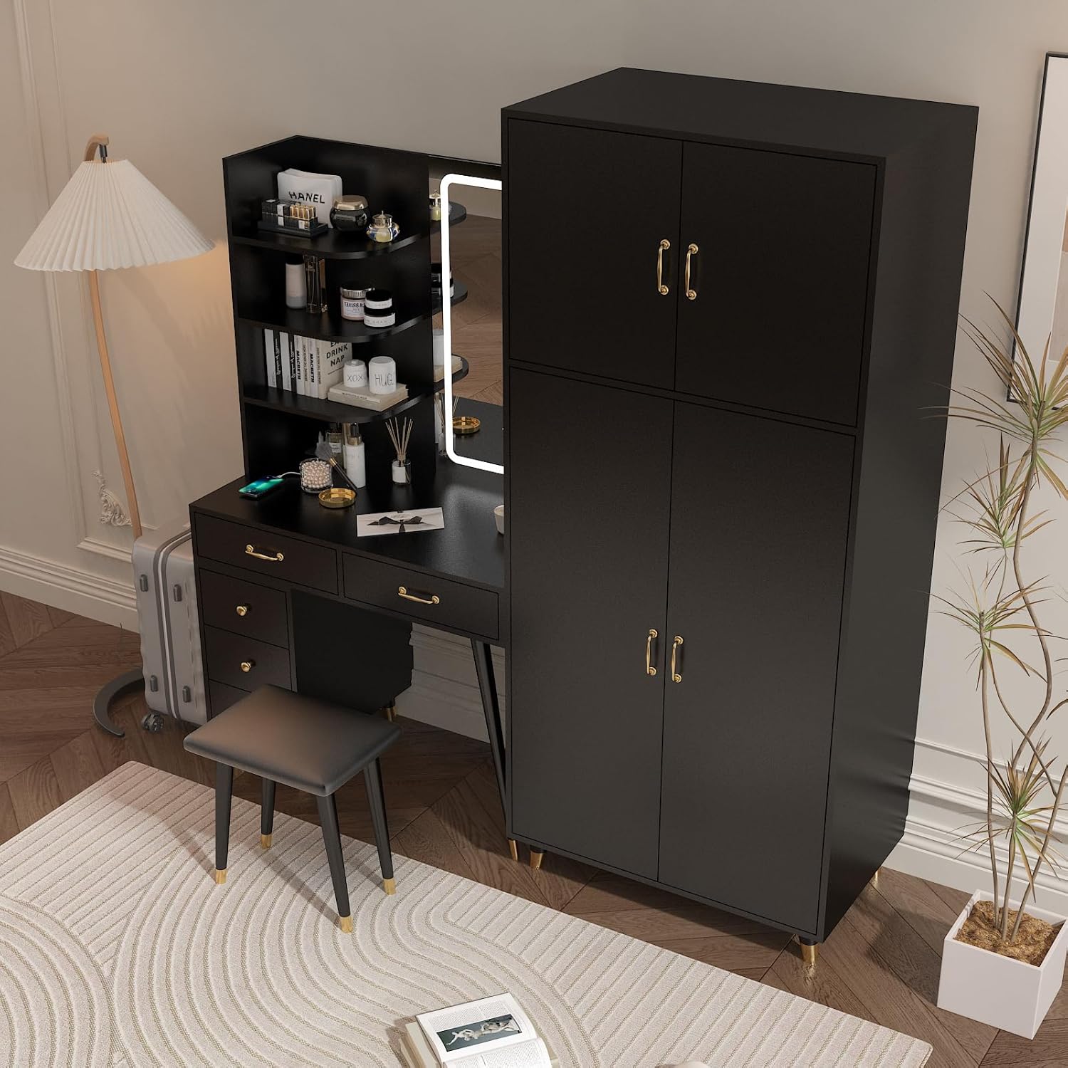 Black Makeup Vanity Desk with 4 Door Bedroom Closet, Lights Mirror, Black Vanity Table and Stool Set, Dressing Table with Armoire Wardrobe Set, Vanity Desk and Tall Storge Cabinet 170 x 50 x 185CM