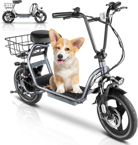 Caroma Peak 1200W Electric Scooter with Seat, 14" Fat Tire Electric Scooters for Adults, 500Wh Battery up to 30 Miles&20MPH, Foldable Adult Electric Bike for Commuting with Basket&Shock Absorbing