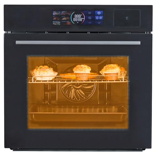 Asypets Single Wall Oven 24" Built-In Electric Ovens, 70L, 3000W, 8 Baking Modes, With Air Frying Function, 3D Surround Heating With Double-Layered Glass Door, Touch Control With Colour Led Screen