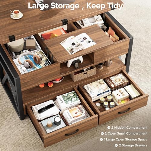 40" Lift Top Coffee Table,4 in 1 Multi-Function Lift Coffee Tables with Storage Drawers and Hidden Compartmen,Farmhouse Coffee Table with Lifting top for Living Room,Black