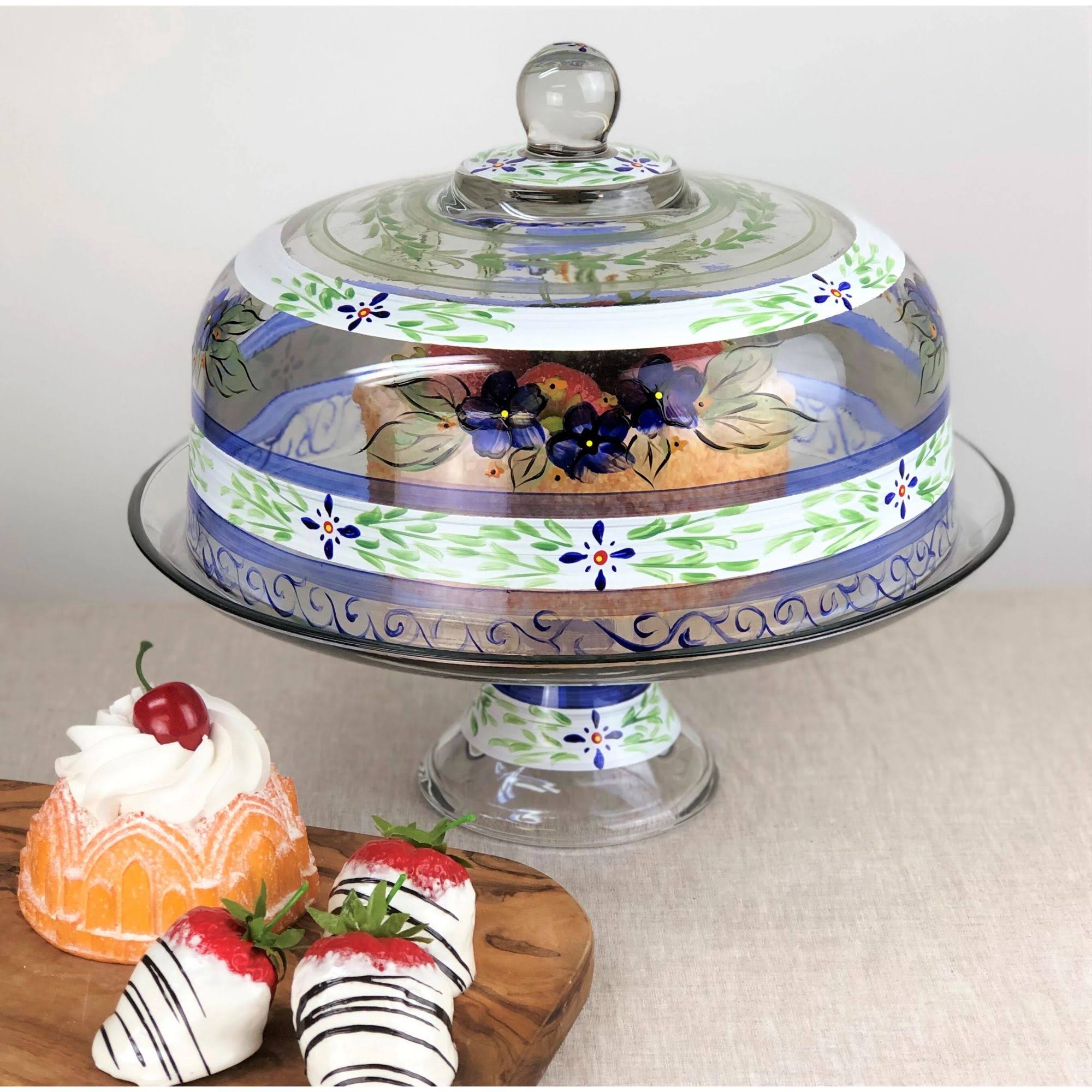Blue Floral Hand Painted Glass Large Convertible Cake Dome 11x22