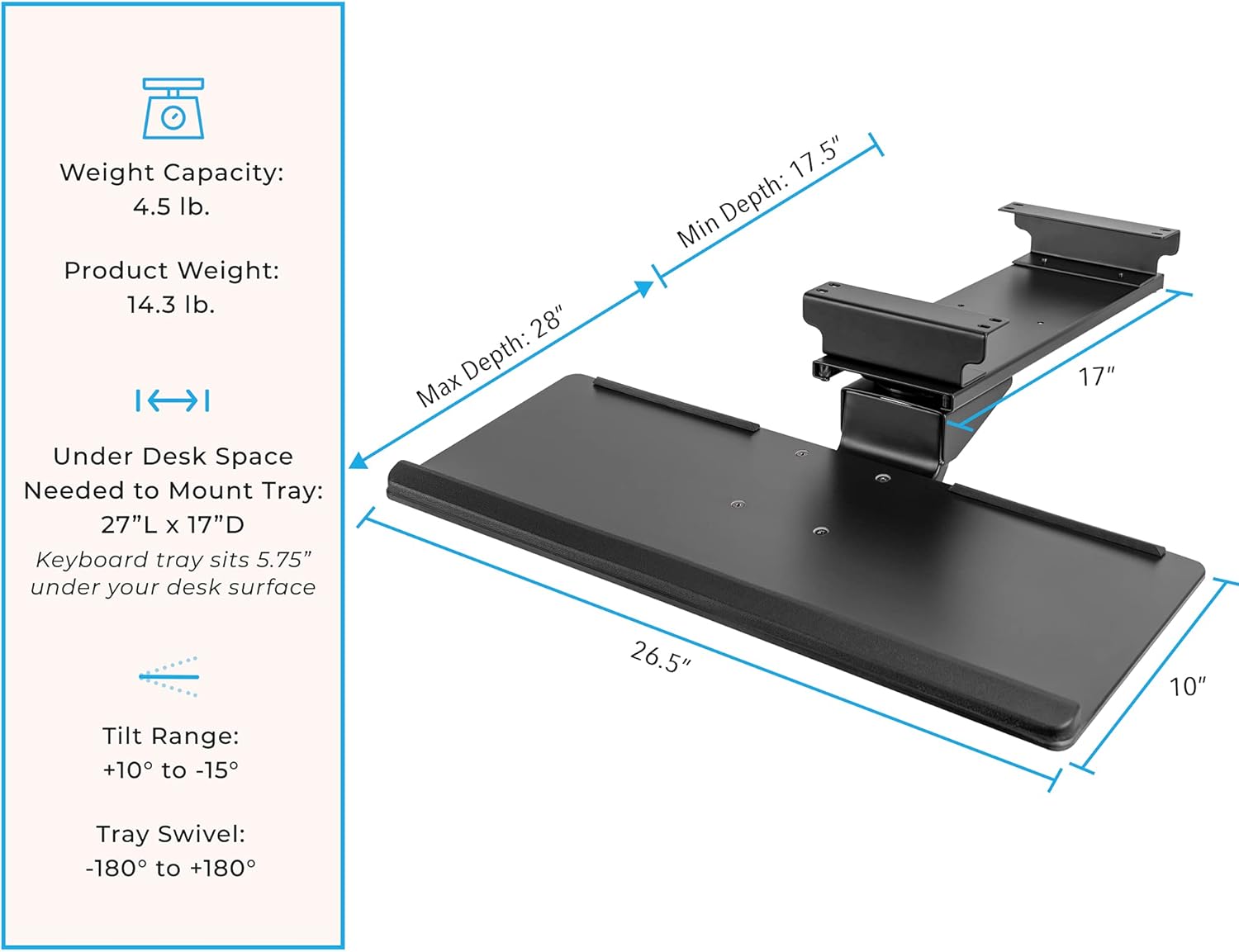 Stand Steady Under Desk Keyboard Tray | Adjustable Tilting Keyboard Shelf for Ergonomic Typing | Screw On Under Desk Storage with Cable Clips (26.5in x 10in / Black)