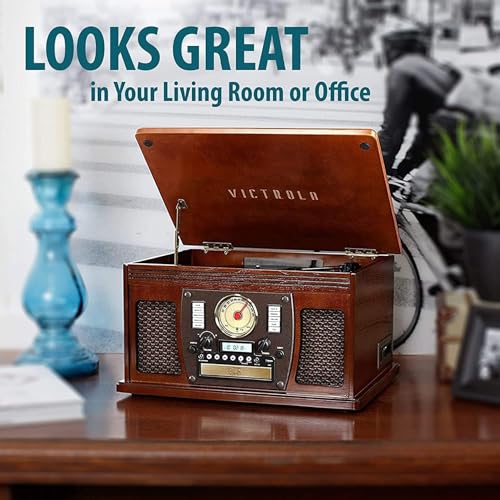 Victrola Navigator 8-in-1 Bluetooth Record Player with Built-in Speakers– 3 Speed Turntable, CD Player, Cassette, FM Radio, USB, RCA Out, Headphone Jack, Wireless Music Streaming, Real Wood (Mahogany)