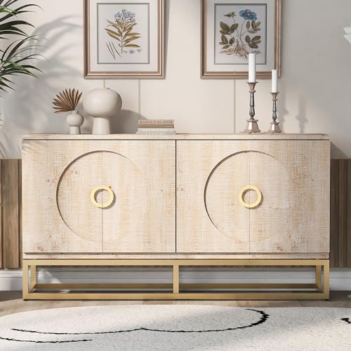 Modern Sideboard Buffet Cabinet with Shelves & 4 Doors, Large Storage Cabinet Coffee Bar Wine Bar Cabinet Wood Buffet Console Table for Entryway, Living Room, Study, Kitchen, Dining Room,Beige