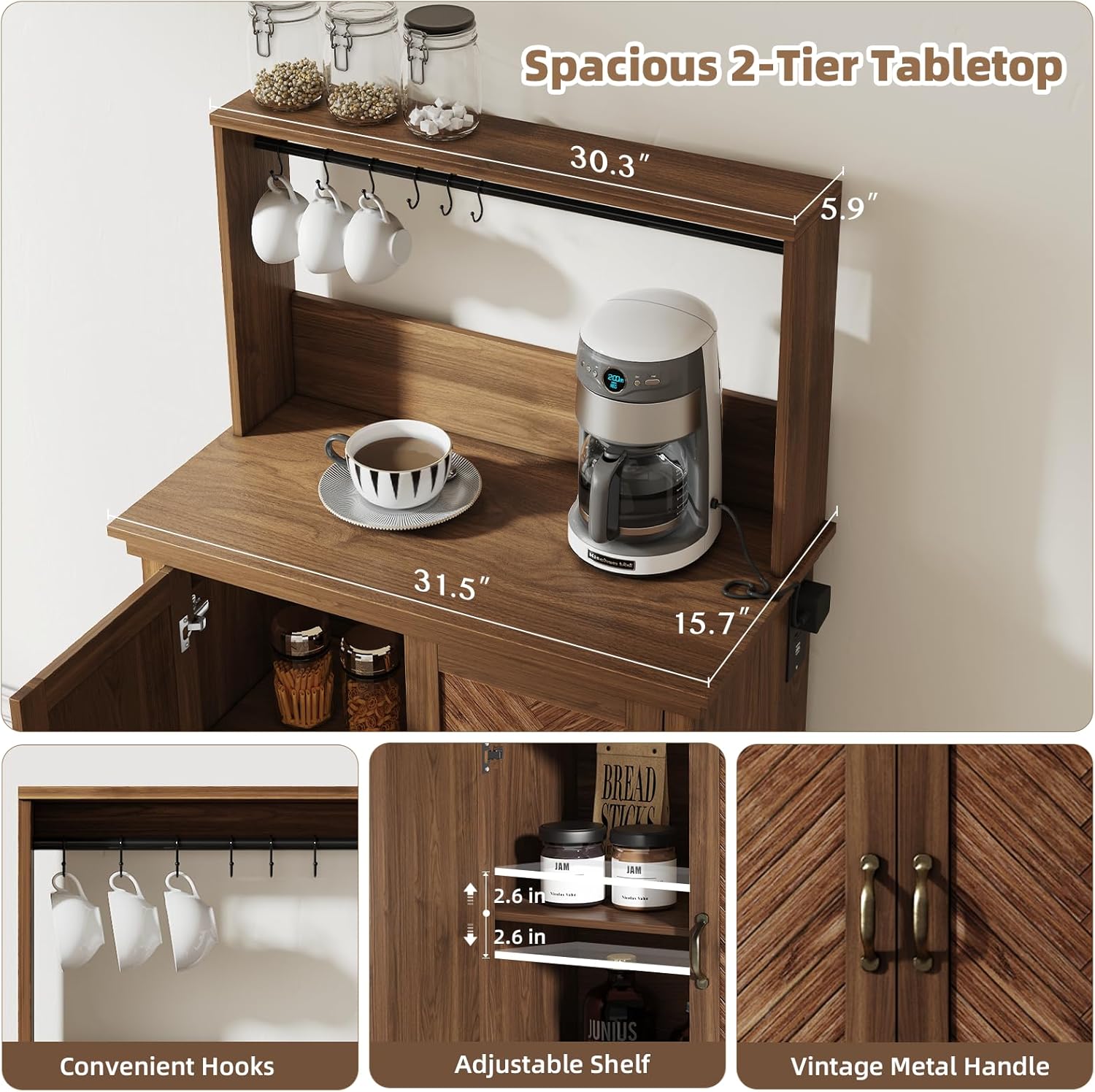 Coffee Bar Cabinet with Storage,Farmhouse Coffee Bar Table with Charging Station,Coffee Buffet Cabinet with 6 Hooks & Adjustable Shelf,Corner Coffee Bar Hutch for Living Dining Room,Kitchen,Walnut