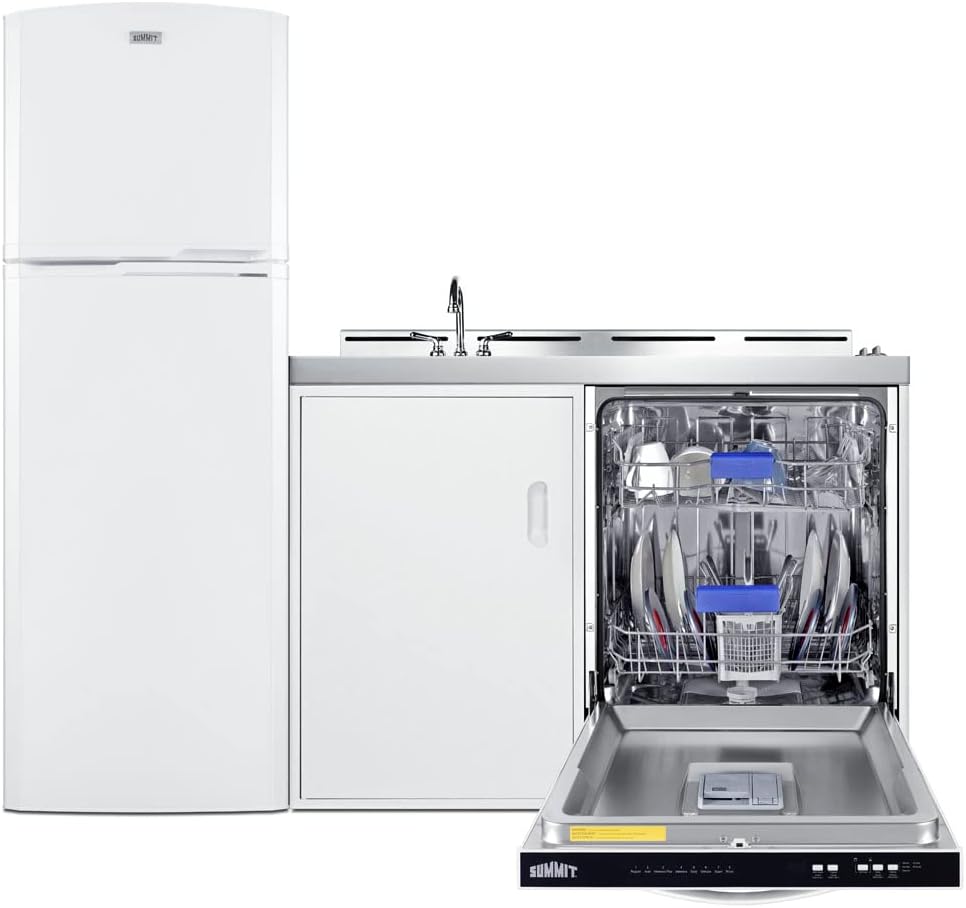 Summit Appliance ACKDW72 72" Wide All-in-one Kitchenette with Full-sized Frost-free Refrigerator-Freezer, 24" Dishwasher, Two Coil 115V Burners, Sink, and Storage Cabinet