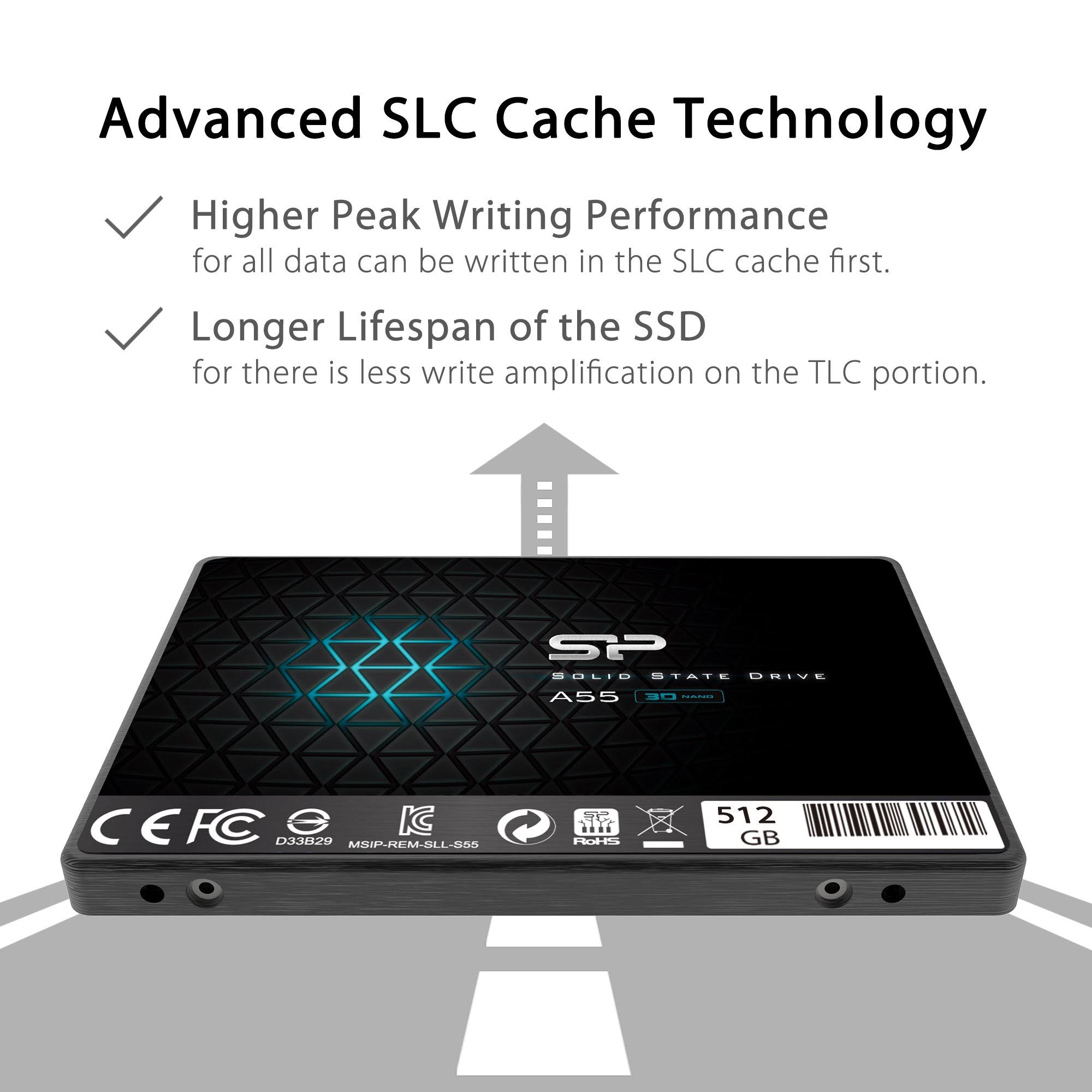 Silicon Power A55 SSD 3D NAND SLC Cache Performance Boost SATA III 2.5x22 7mm (0.28x22) Internal Solid State Drive 512GB