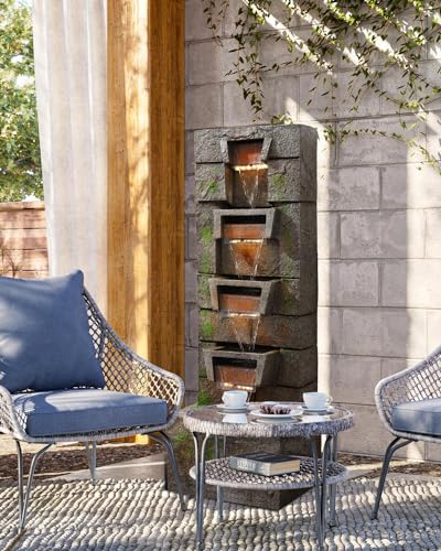 41.1" Water Fountain Outdoor Floor-Standing Garden Fountain Modern Waterfall Fountain with LED Lights 4 Tier Rock Fountain for Porch, Patio, Garden, Backyard