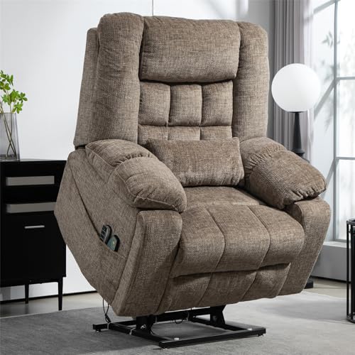 Light Grey Recliner Chair for Elderly | Tall and Big Man 400lbs | Chenille | Power Lift, Lay Flat, Stand Up, Wireless Charging Device, Extended Footrest, Massage Heat, Cup Holder, Lumbar Pillow