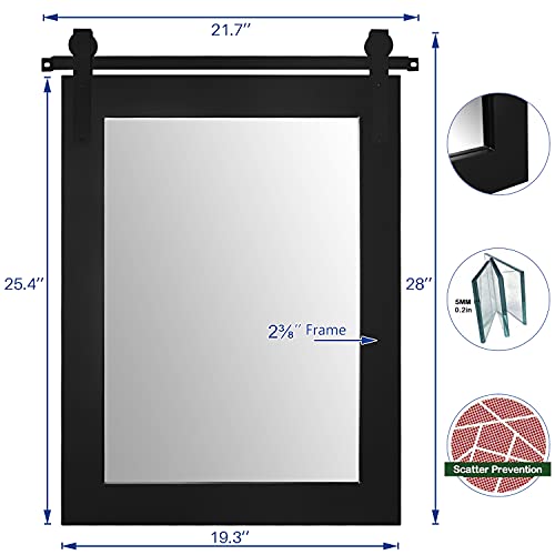 Hans Farmhouse Bathroom Mirror 22"×28" Rustic Wood Frame with Metal Barn Door Track Decorative Wall Mirror for Bathroom Entryway Living Room,Black