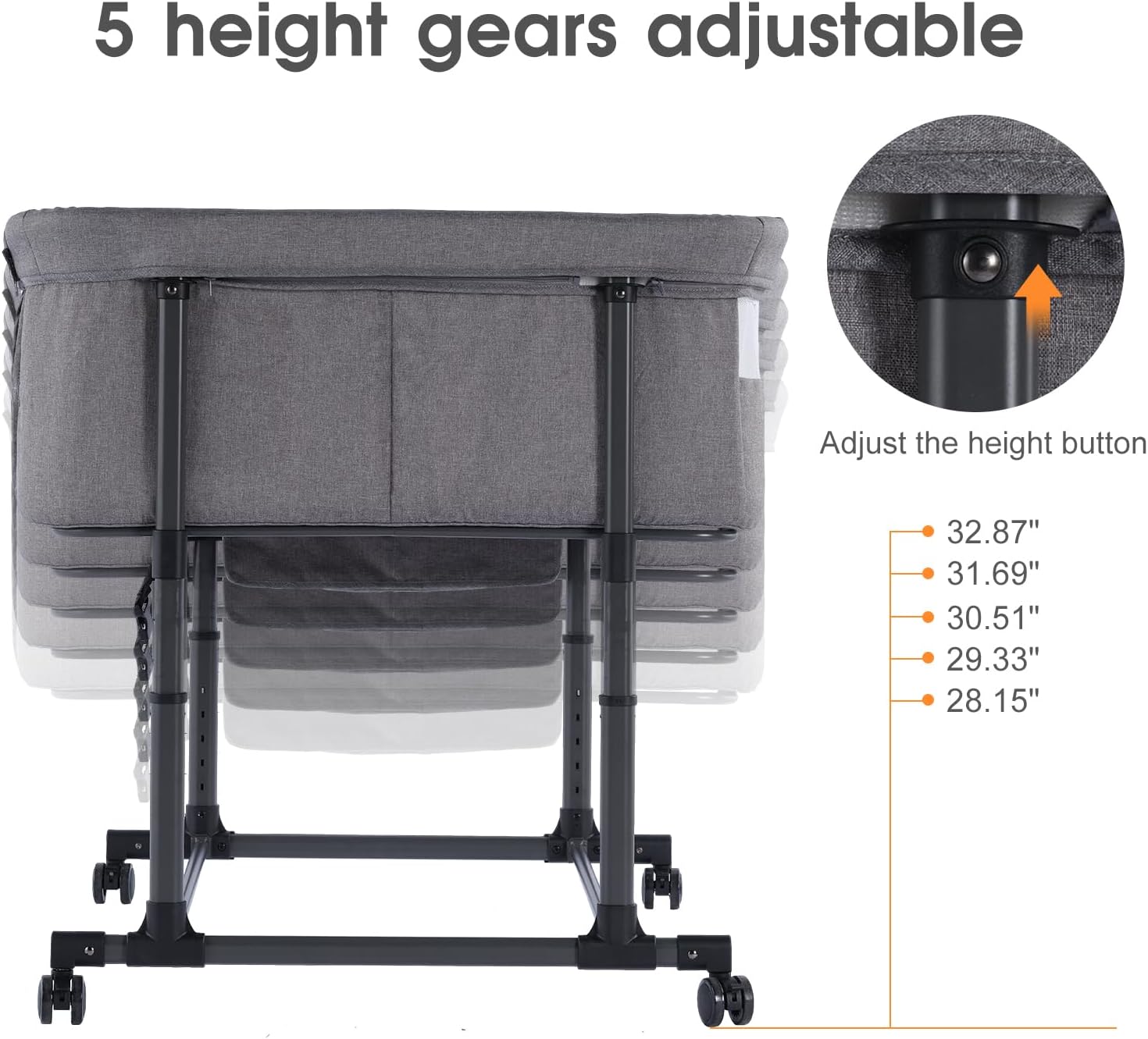 Twin Bassinet for 2 Babies,Adjustable Height Double Crib with Storage Bag and Replaceable Mattress Cover, Portable Twin Bedside Crib Attaches to Bed with Strap for 0-6 Months Twins Baby Grey