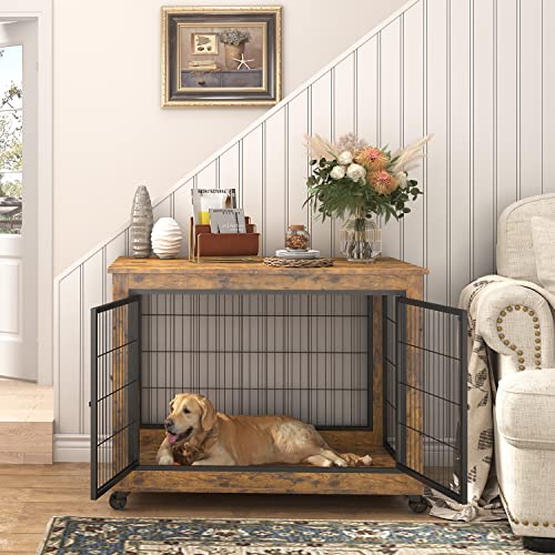 IchbinGo Wooden Dog Crate Table Furniture, 38.5" Dog Kennel with 3 Doors, Flip-up Top Opening and Wheels, Decorative Pet Crate Dog House for Large/Medium/Small Dog Indoor Use (Rustic Brown)