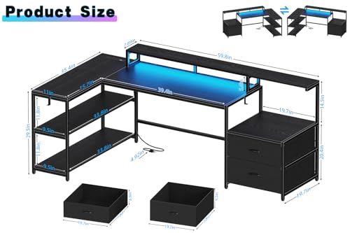 L Shaped Gaming Desk with Drawes,Computer Desk with Led Lights & Power Outlets, Reversible Home Office Desk with Shelves White