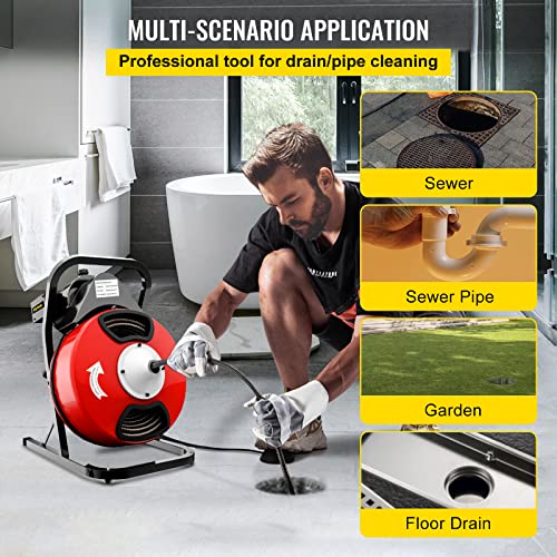 VEVOR 50FTx1/2Inch Drain Cleaner Machine, Sewer Snake Electric Drain Auger Cleaner with 4 Cutter & Foot Switch for 2" to 4" Pipes