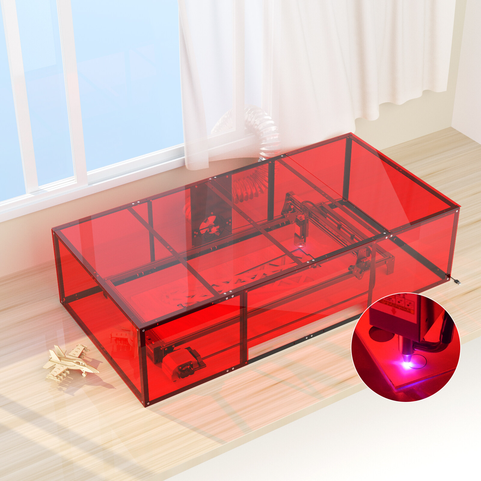 Original Laser Engraving Machine Dust-proof Protective Box 1440x720x360mm Smoke Exhaust with Powerful Suction Fan All-metal Structure PVC Enclosure Easy to Install