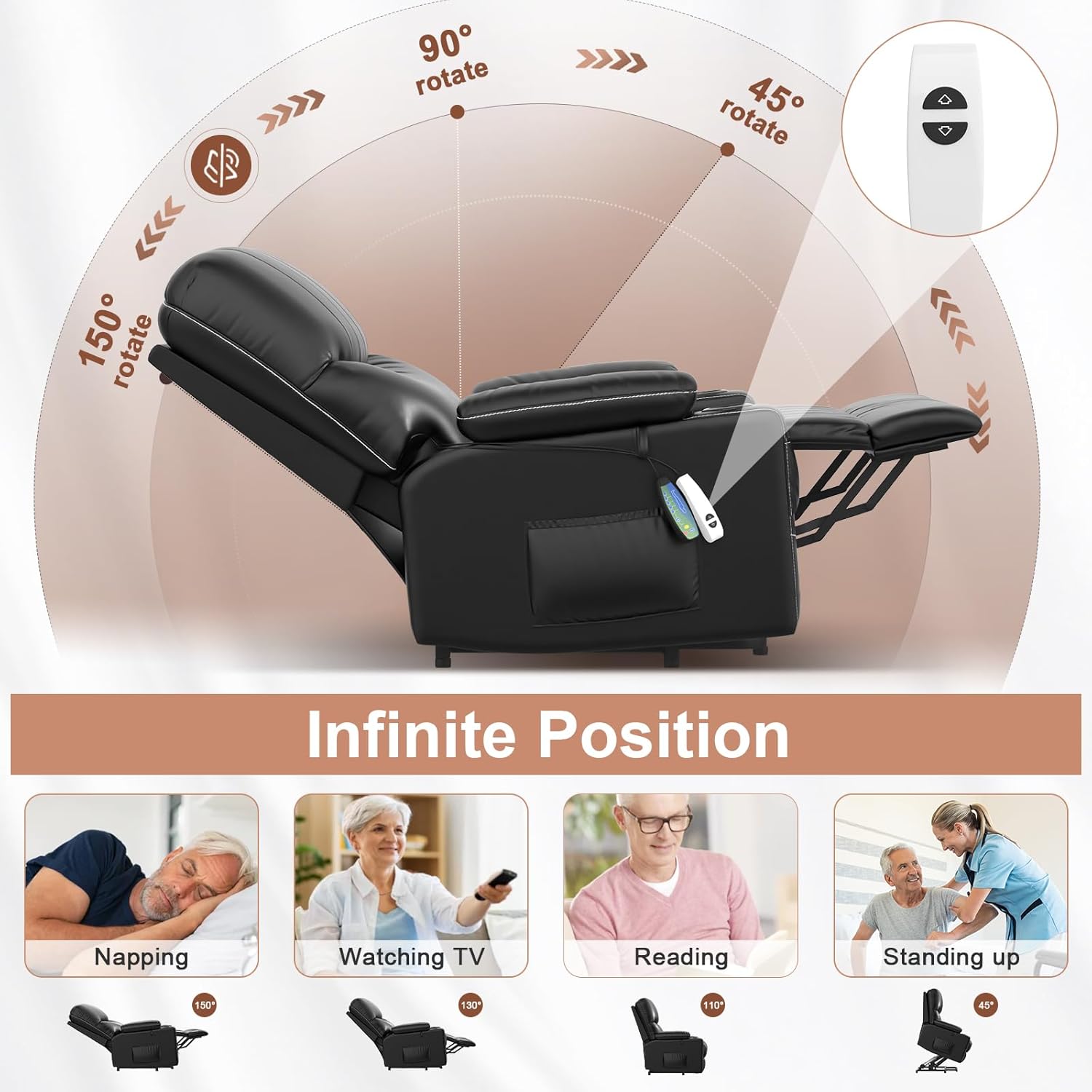 Large Lift Chair, Oversized Power Lift Recliner Chair for Elderly, Lift Chair Recliner for Elderly with Heat and Massage, Faux Leather Lift Chair with Cup Holders, USB Ports, Infinite Position