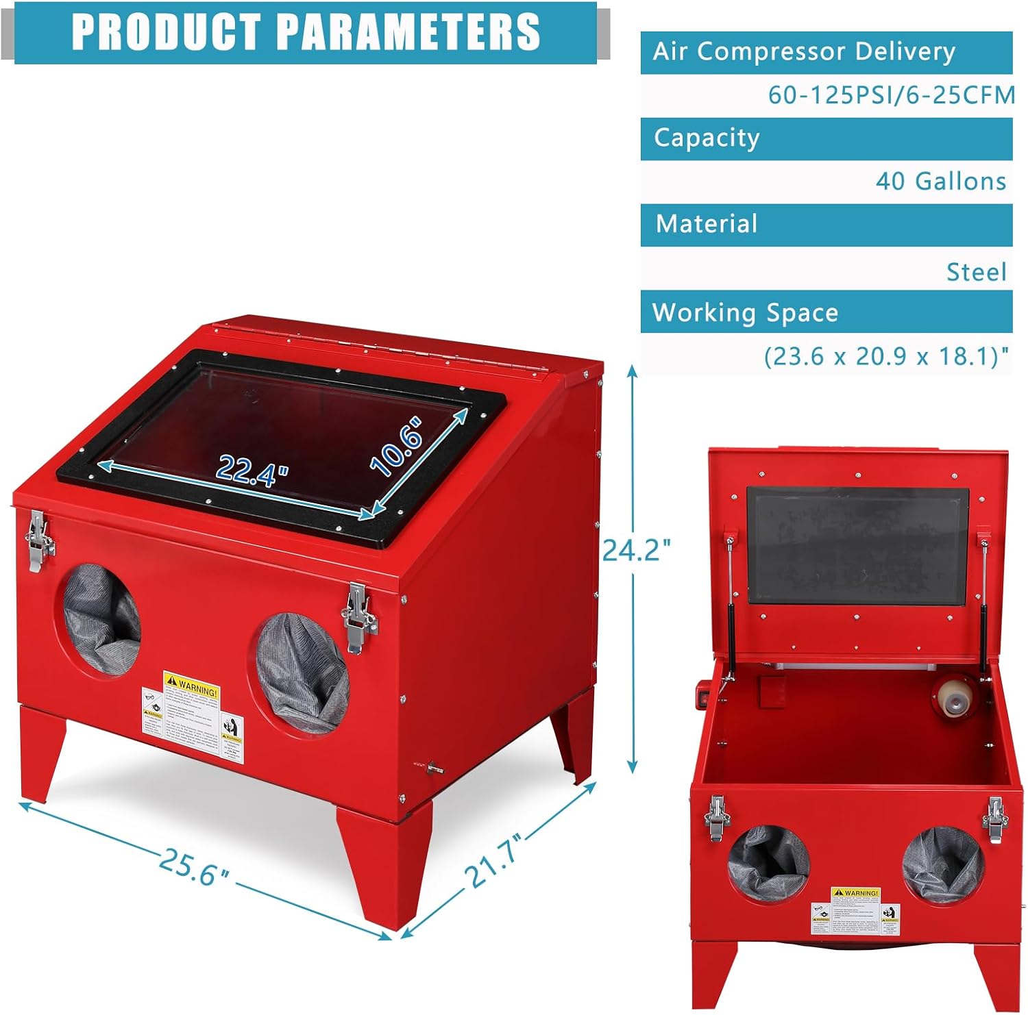 MOTORHOT 40 Gallon Bench Top Air Sandblasting Cabinet Sandblaster Abrasive Blast Large Cabinet with Gun and 4 x Nozzles Air Compressor Delivery 60-125PSI/6-25CFM for Rust Removal, Stain, Paint