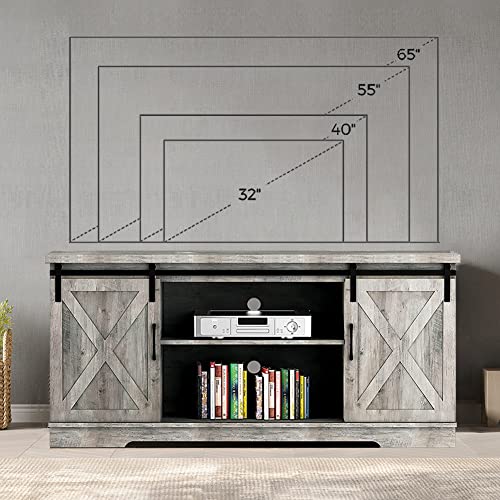 IDEALHOUSE Gray Barn Door TV Stand, Farmhouse Entertainment Center for 65 Inch TV, Modern Cabinet with Storage and Shelves, Livingroom
