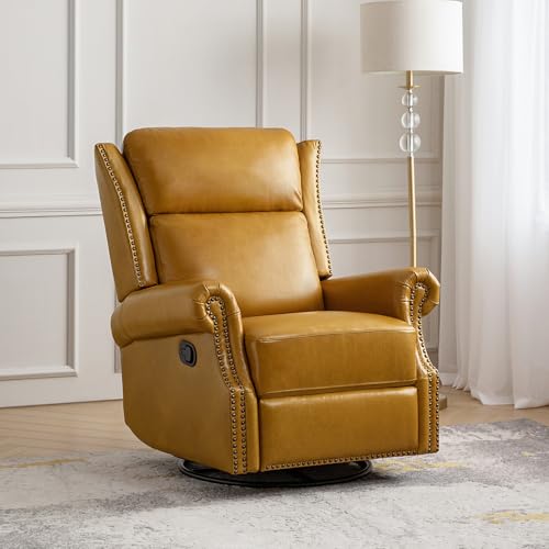 HULALA HOME Genuine Leather Swivel Rocker Recliner, Manual Glider Recliner Chair with Footrest and Lumbar Support, Pushback Recliner with Nailhead Trim and Metal Base(Saddle)