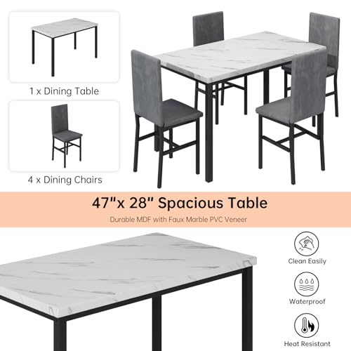 Hooseng Dining Table Set for 4- Space Saving Kitchen Table and Chairs for 4, Modern Style Faux Marble Tabletop & 4 PU Leather Chairs, Perfect for Dining Room,Breakfast Corner Small Spaces,Brown&White