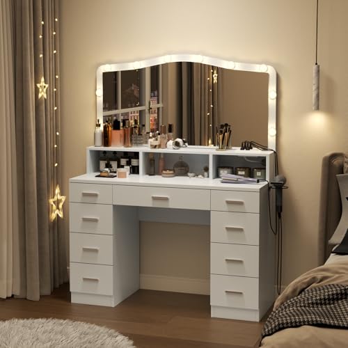 Makeup Vanity Desk with Large Mirror & LED Lights, 9 Drawers White Vanity Table with Power Outlets, Dressing Table with 3 Cubby for Bedroom, Modern Makeup Vanity for Women, Girls (White)