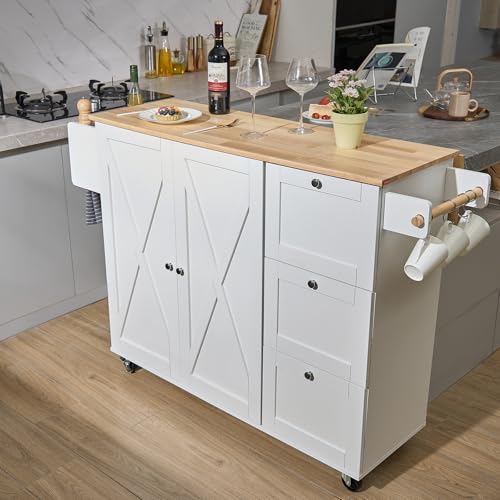 VEVOR Kitchen Island Cart with Solid Wood Top, 35.4" Width Mobile Carts with Storage Cabinet, Rolling Kitchen Table with Spice Rack, Towel Rack, and Drawer, Portable Islands on Wheels, White