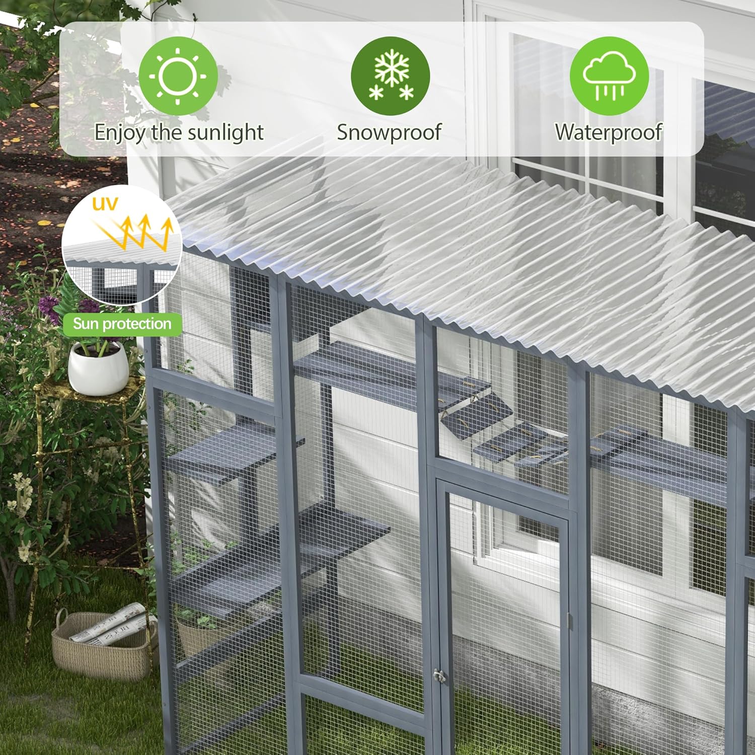 COZIWOW Catio Outdoor Cat Enclosure, 104" L Large Catio for Indoor Cats Window Access, Wooden Window Cat Catio with Weather Protection Roof, 6 Platforms, 2 Houses, Bridge, Scratching Board, Grey