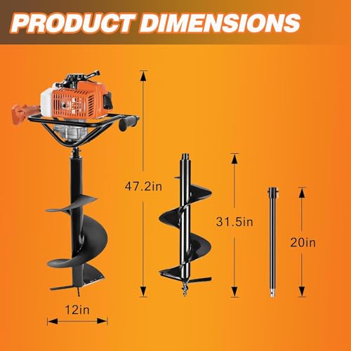 PROYAMA 54cc Post Hole Digger Gas Powered 2 Cycle Earth Auger, 5-Year Warranty Gear Box, 4 Drill Bits 4" 6" 8" 12" + Extension Rod 12" 20"