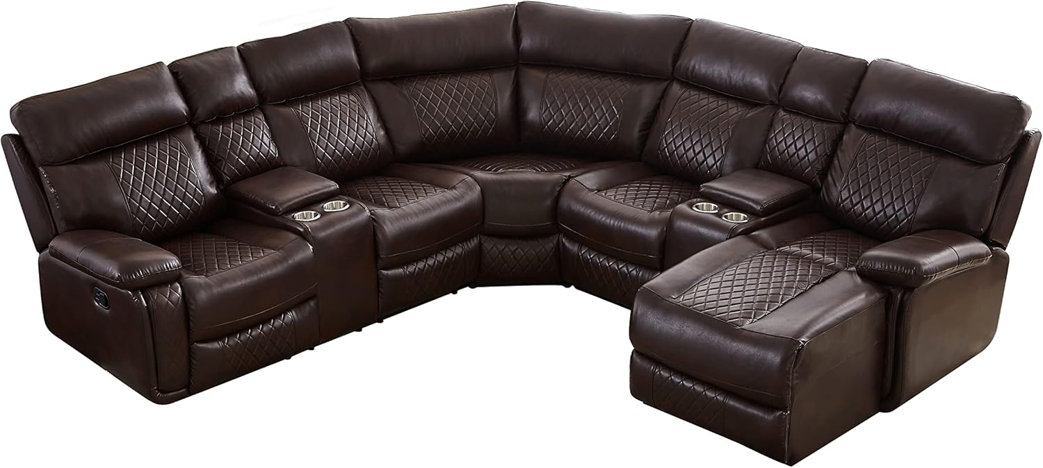 Living Room Manual Motion Upholstered Sectional, L Shape PU Leather Corner Reclining 4 Cup Holders and Storage Boxs for Villa Home Apartment Furniture, Brown Havery Duty Sofa & Couch
