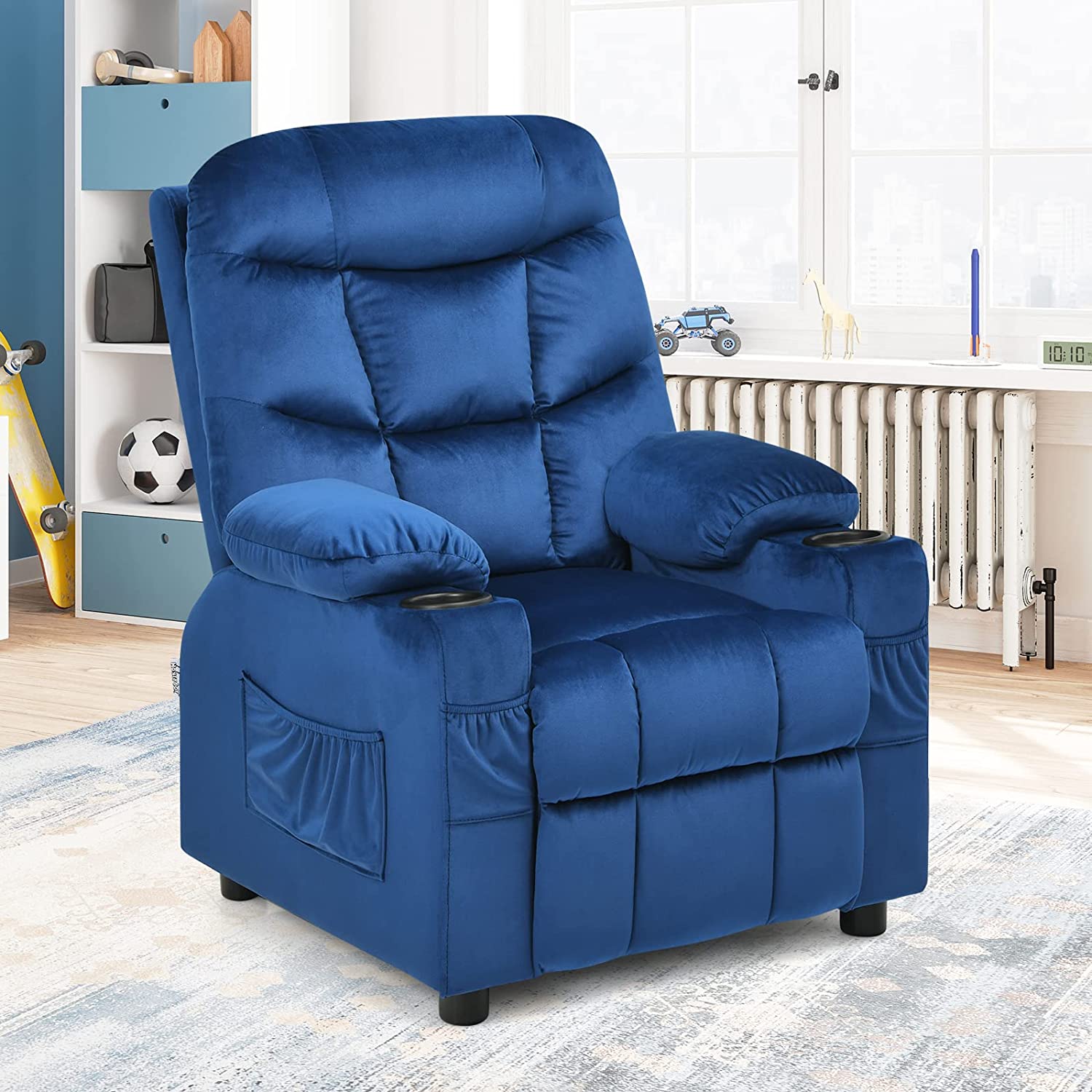 Kids Recliner Chair, Toddler Armchair Upholstered Couch with Cup Holder, Child Furniture for Ages，Adjustable Lounge Recliner，Blue
