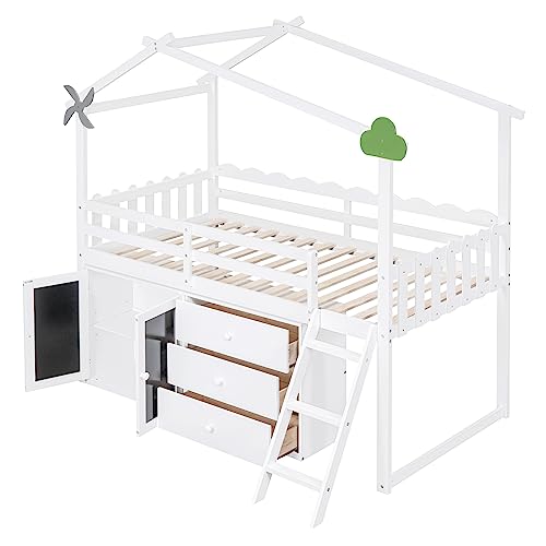 CITYLIGHT Twin Size House Loft Bed with Storage Cabinet and 3 Drawers, Wood Loft Bed Twin with Roof, Blackboards and Guardrail, Kids Playhouse Bed Twin for Teens, Boys, Girls, Grey